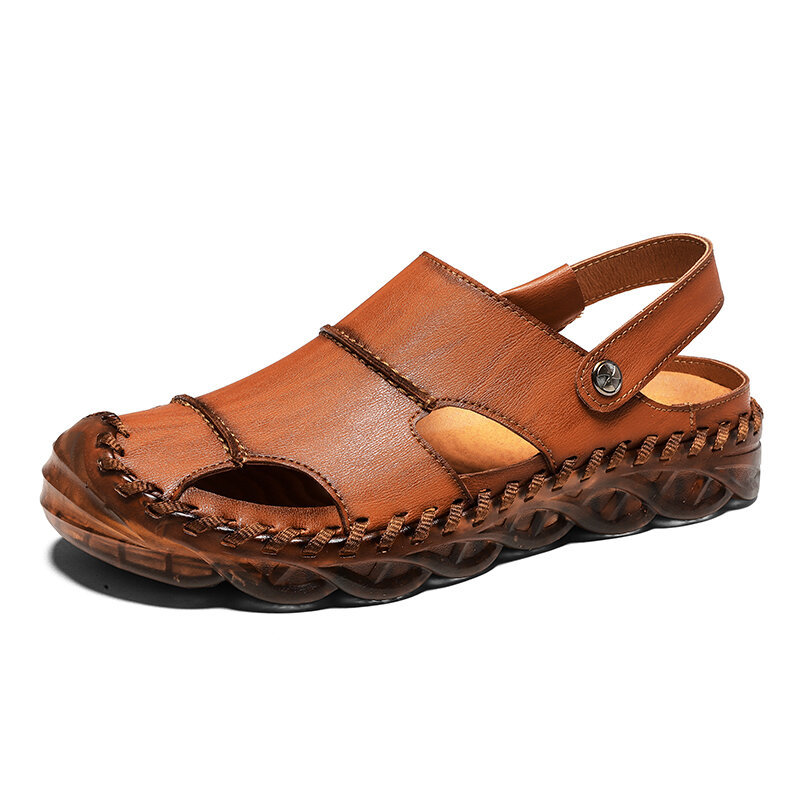 Men Closed Toe Hand Stitching Outdoor Rubber Toe Leather Sandals, Sandals