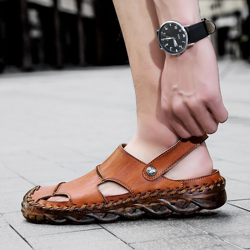 Men Closed Toe Hand Stitching Outdoor Rubber Toe Leather Sandals, Sandals