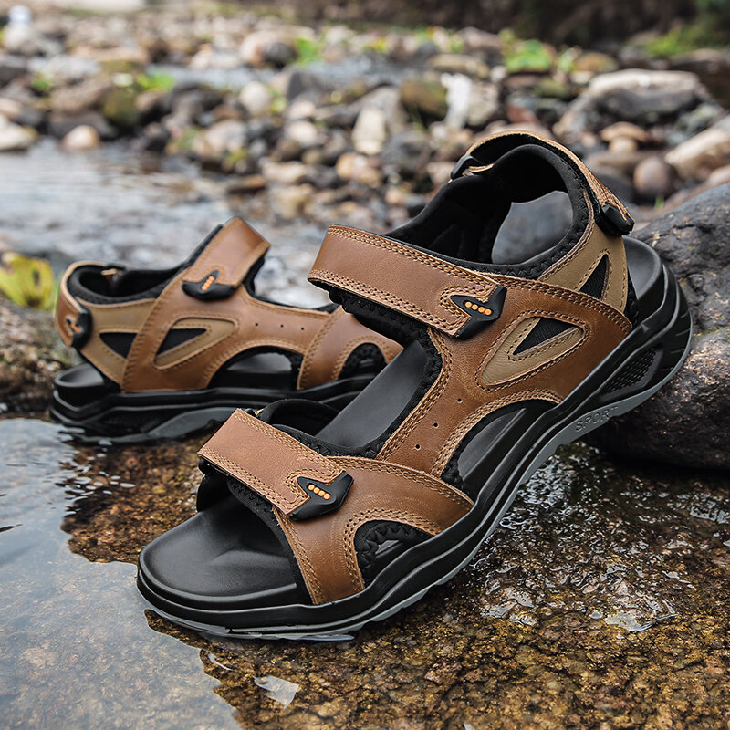 Men Cow Leather Waterproof Non Slip Hiking Leather Sandals, Sandals