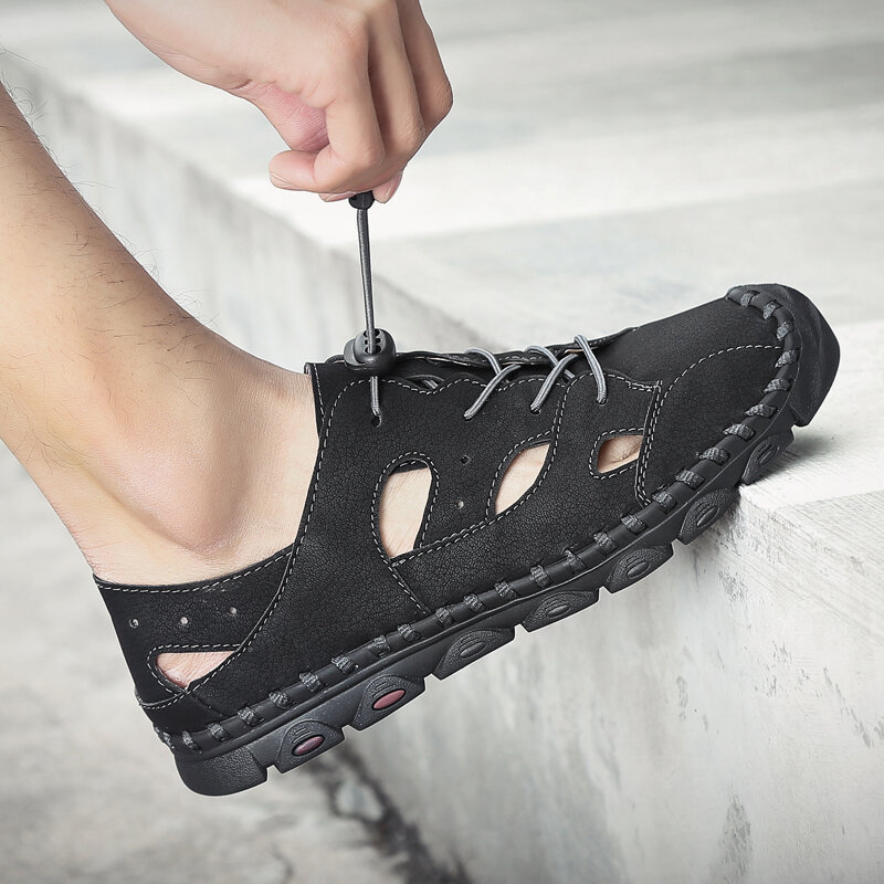 Men Closed Toe Hand Stitching Microfiber Leather Dress Sandals, Sandals