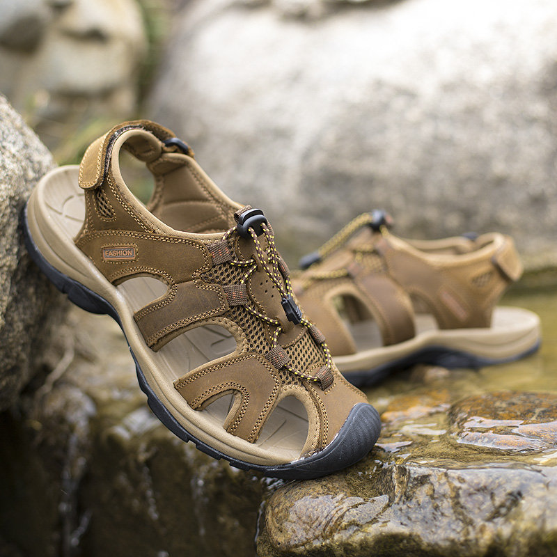 Men Genuine Leather Hook Loop Outdoor Hiking Waking Water Sandals, Sandals