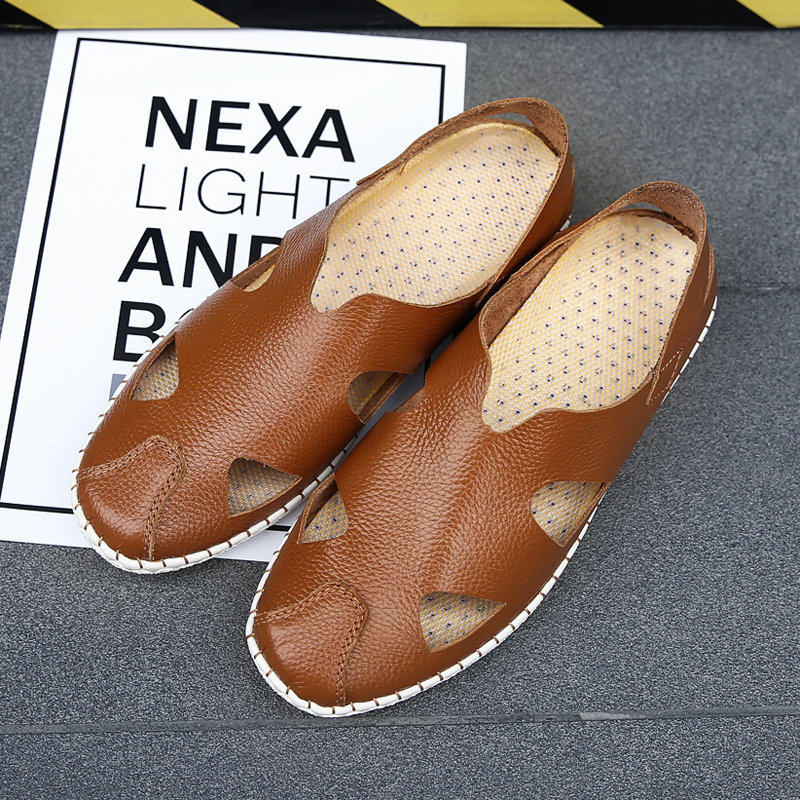 Men Hand Stithcing Cap Toe Slip On Soft Hole Leather Casual Sandals, Sandals