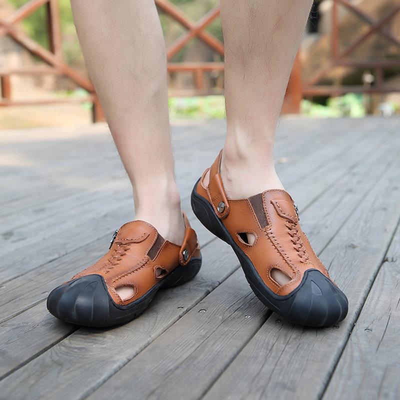 Men Stylish Side Zipper Toe Protetive Outdoor Non Slip Leather Sandals, Sandals