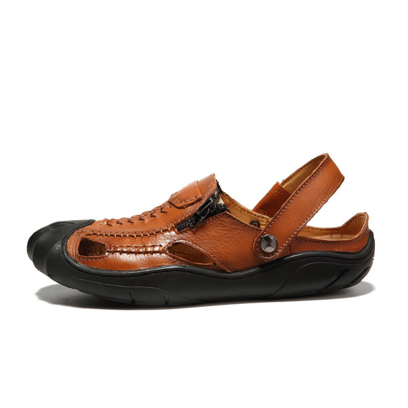 Men Stylish Side Zipper Toe Protetive Outdoor Non Slip Leather Sandals, Sandals