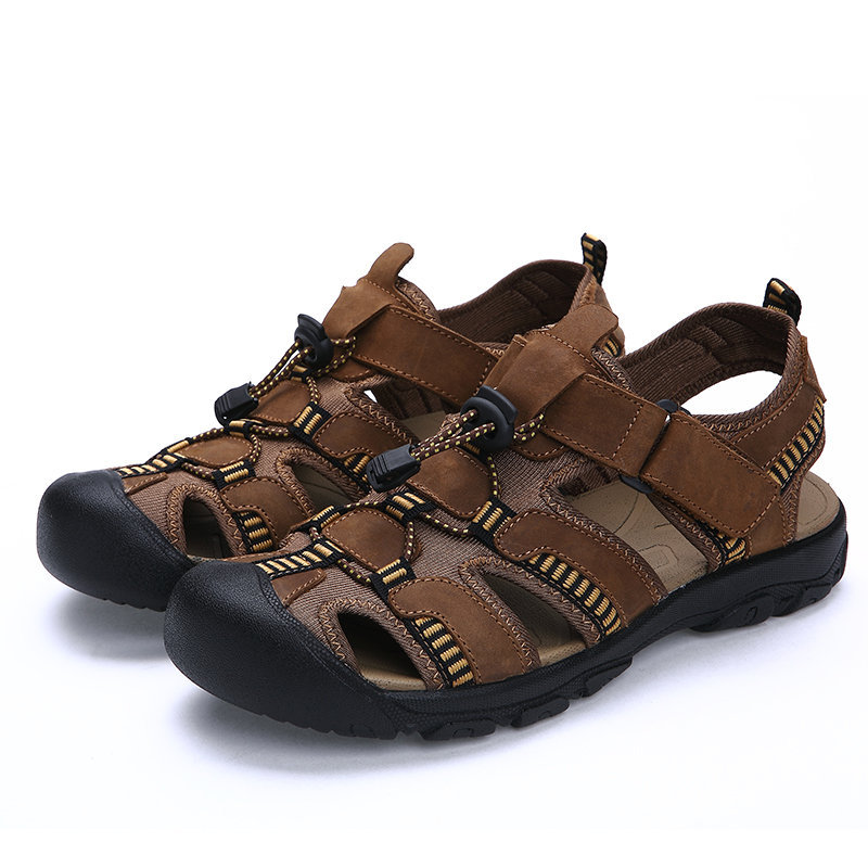 Men Outdoor Anti-collision Toe Slip Resistant Hiking Leather Sandals, Sandals