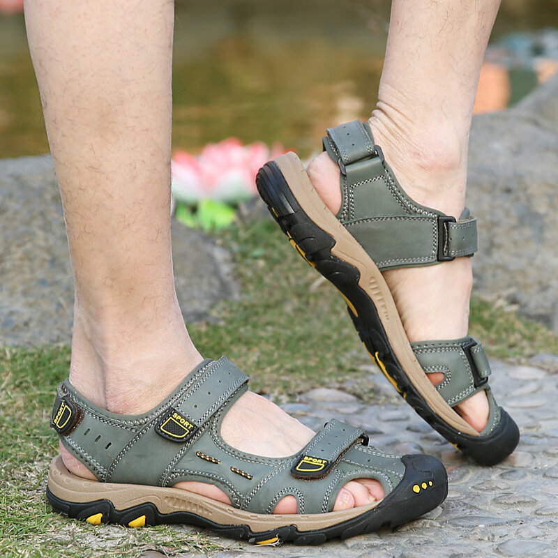 Men Cow Leather Non Slip Hook Loop Outdoor Comfy Sandals, Sandals