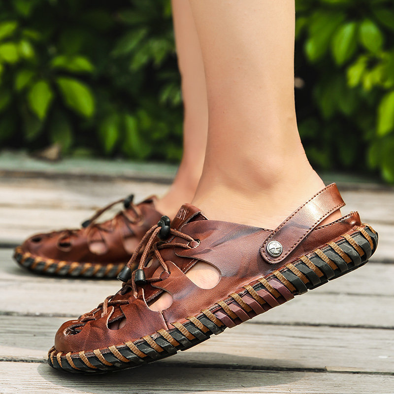 Men Hand Stitching Adjustable Heel Strap Super Soft Leather Sandals, Sandals