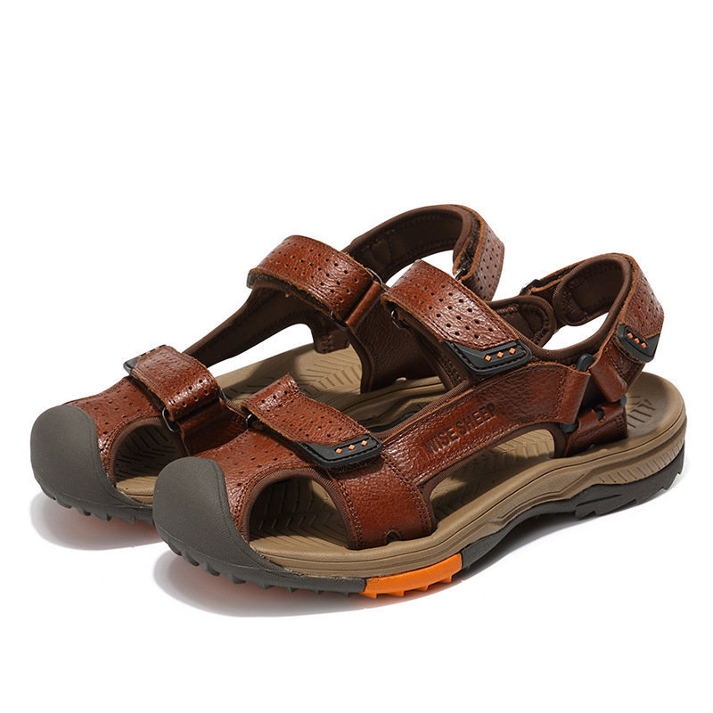 Men Genuine Leather Outdoor Toe Protective Non Slip Hiking Sandals, Sandals