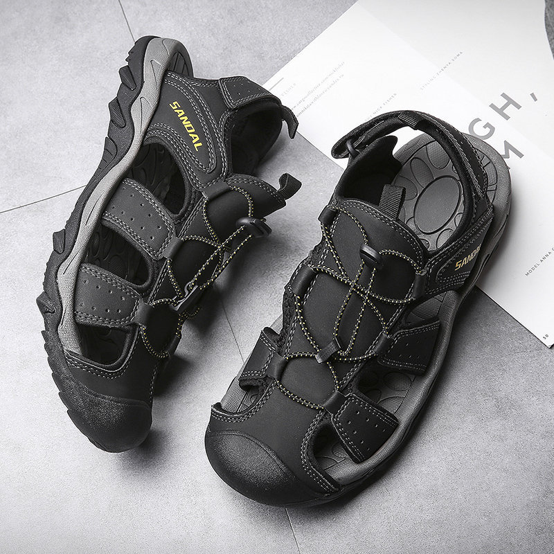 Men Outdoor Closed Toe Protective Water Friendly Leather Hiking Sandals, Sandals