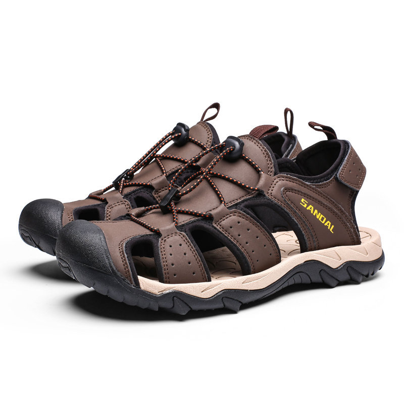 Men Outdoor Closed Toe Protective Water Friendly Leather Hiking Sandals, Sandals