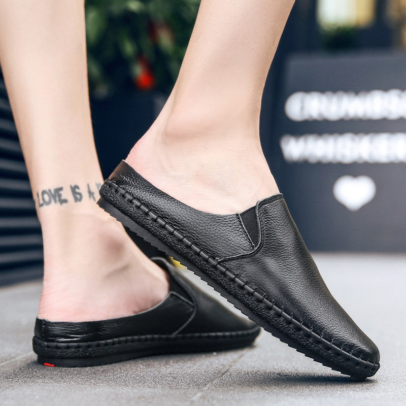 Men Hand Stitching Genuine Cow Leather Comfy Soft Backless Loafers, Sandals