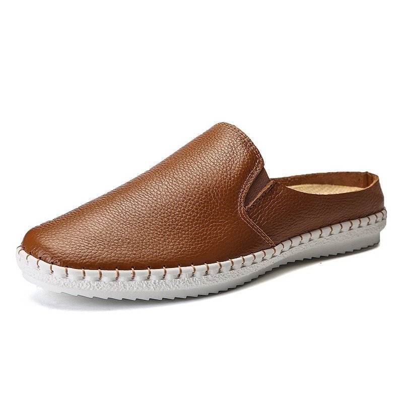Men Hand Stitching Genuine Cow Leather Comfy Soft Backless Loafers, Sandals