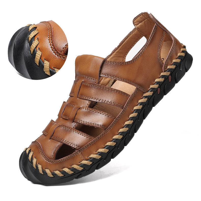 Men Hand Stitching Outdoor Slip Resistant Cow Leather Hole Sandals , Sandals