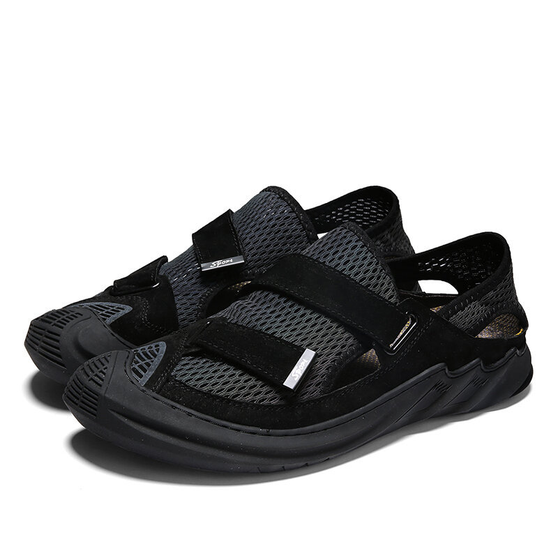 Men Mesh Suede Splicing Non Slip Hook Loop Outdoor Casual Sandals, Sandals