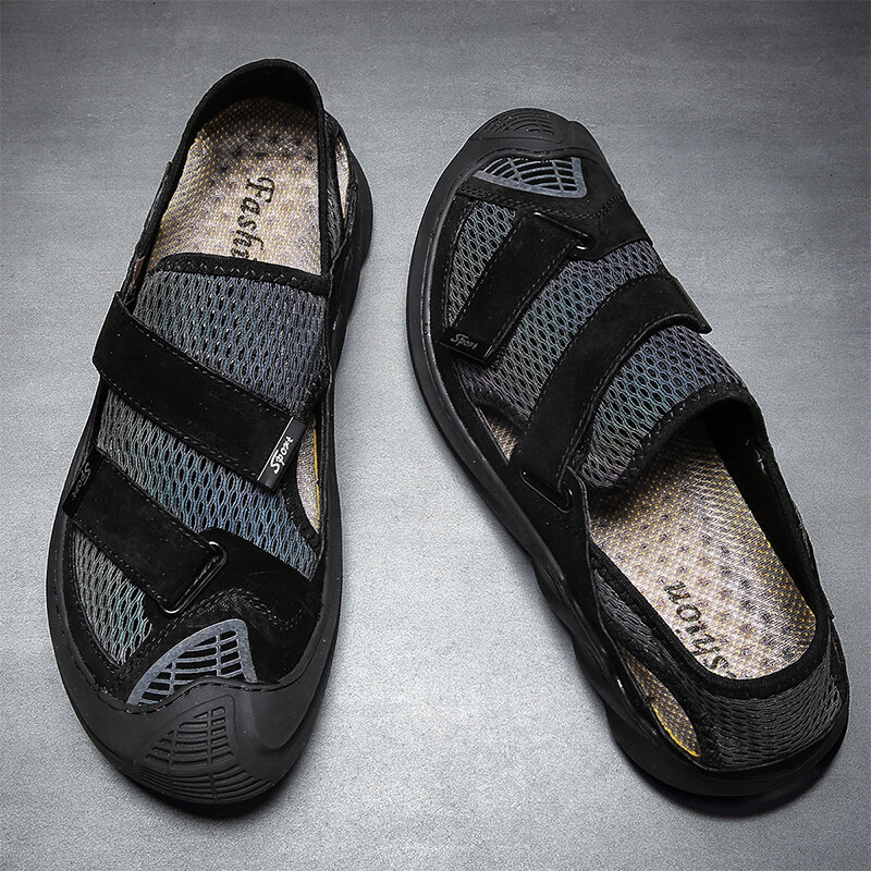 Men Mesh Suede Splicing Non Slip Hook Loop Outdoor Casual Sandals, Sandals