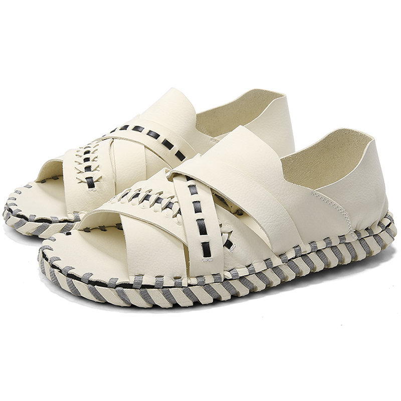 Men Woven Style Hand Stitching Leather Non Slip Casual Beach Sandals, Sandals
