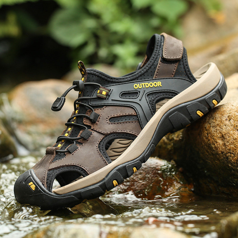 Men Outdoor Slip Resistant Comfy Leather Splicing Hiking Sandals, Sandals