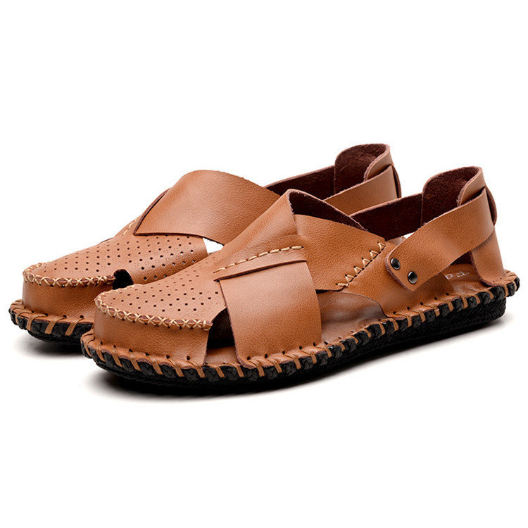 Men Hand Stitching Hole Breathable Leather Sandals, Sandals