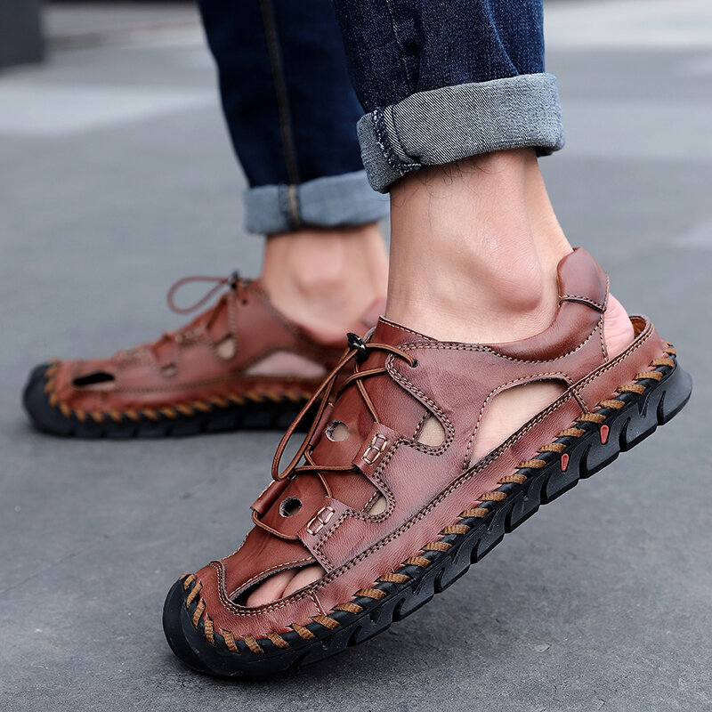 Men Hand Stitching Leather Non Slip Elastic Lace Casual Outdoor Sandals, Sandals