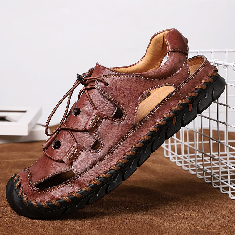 Men Hand Stitching Leather Non Slip Elastic Lace Casual Outdoor Sandals, Sandals