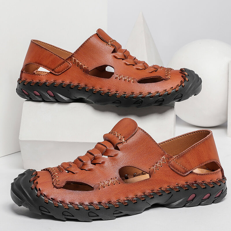 Men Handcraft Woven Outdoor Slip Resistant Cow Leather Sandals, Sandals