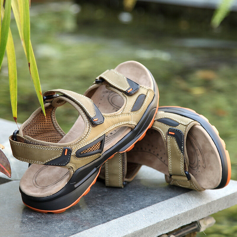 Men Hook Loop Outdoor Non Slip Beach Leather Casual Sandals, Sandals