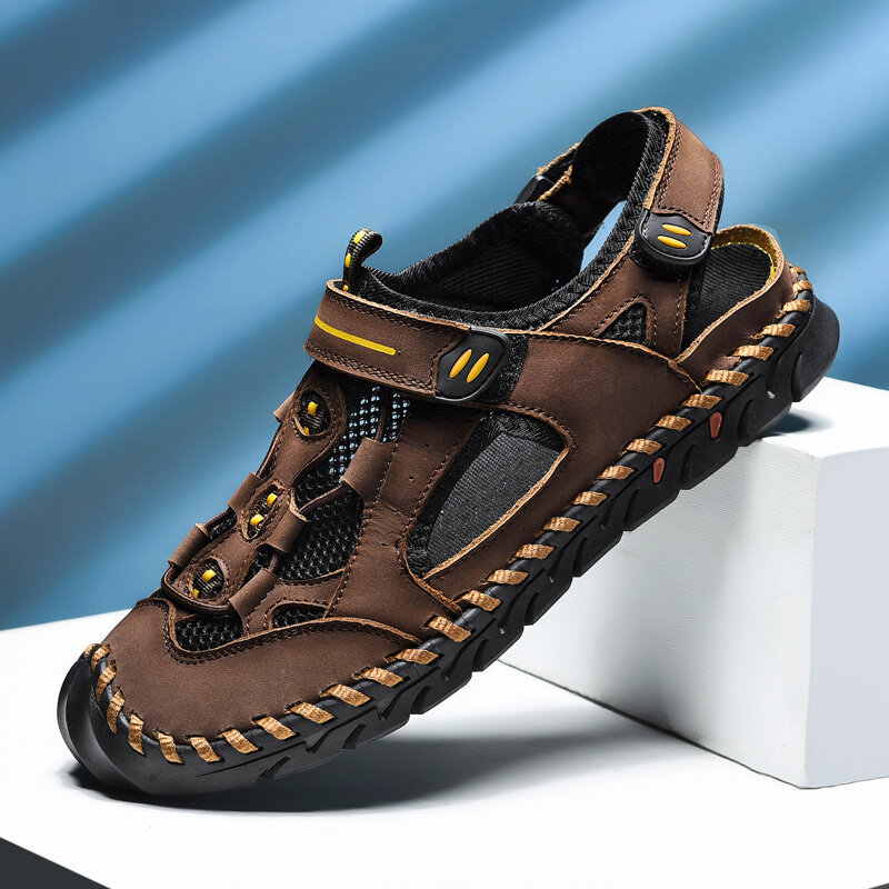 Men Genuine Leather Non Slip Hand Stitching Casual Outdoor Sandals, Sandals