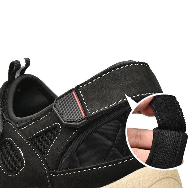 Men Cow Leather Mesh Splicing Non Slip Hook Loop Casual Sandals, Sandals