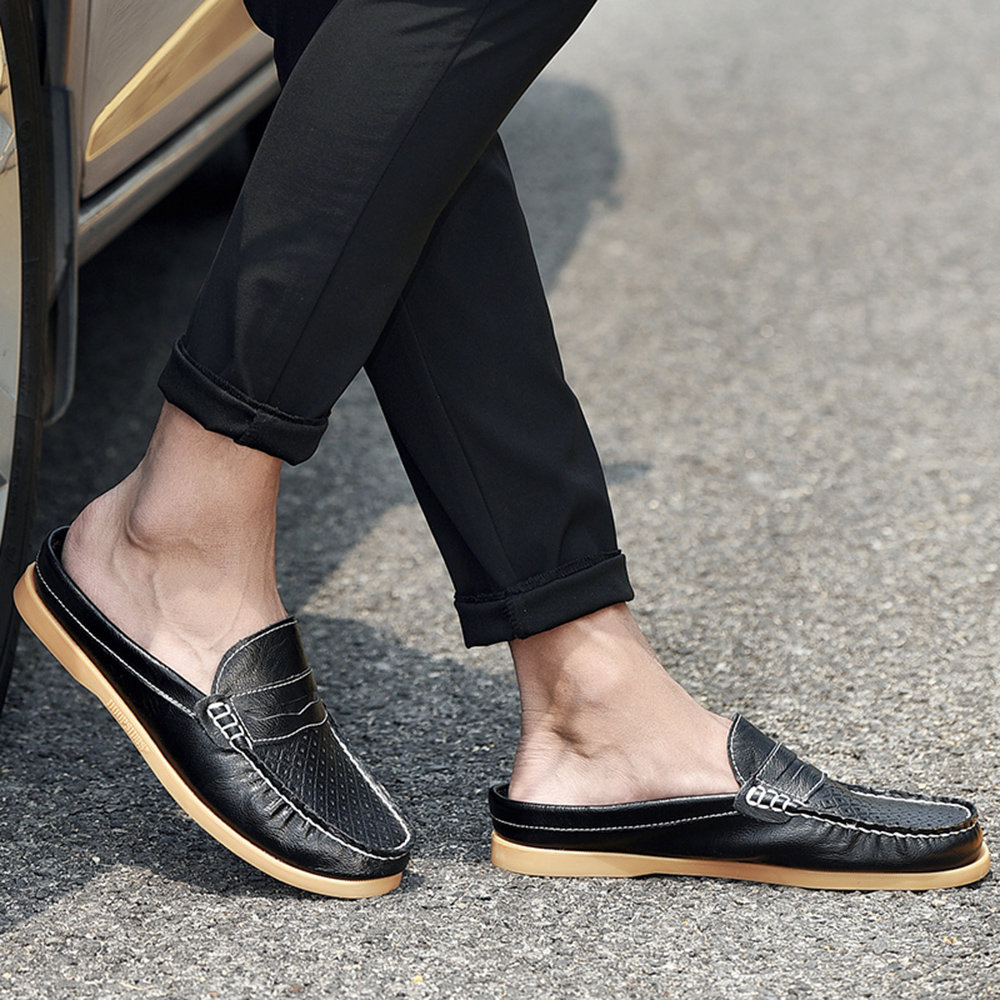 Men Moc Toe Hollow Out Breathable Comfy Leather Backless Loafers, Sandals