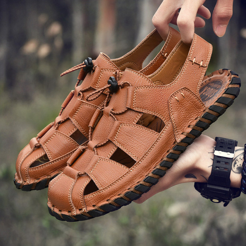 Men Hand Stitching Non Slip Soft Sole Lace Up Casual Leather Sandals, Sandals