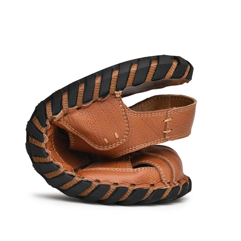 Men Hand Stitching Non Slip Soft Sole Lace Up Casual Leather Sandals, Sandals