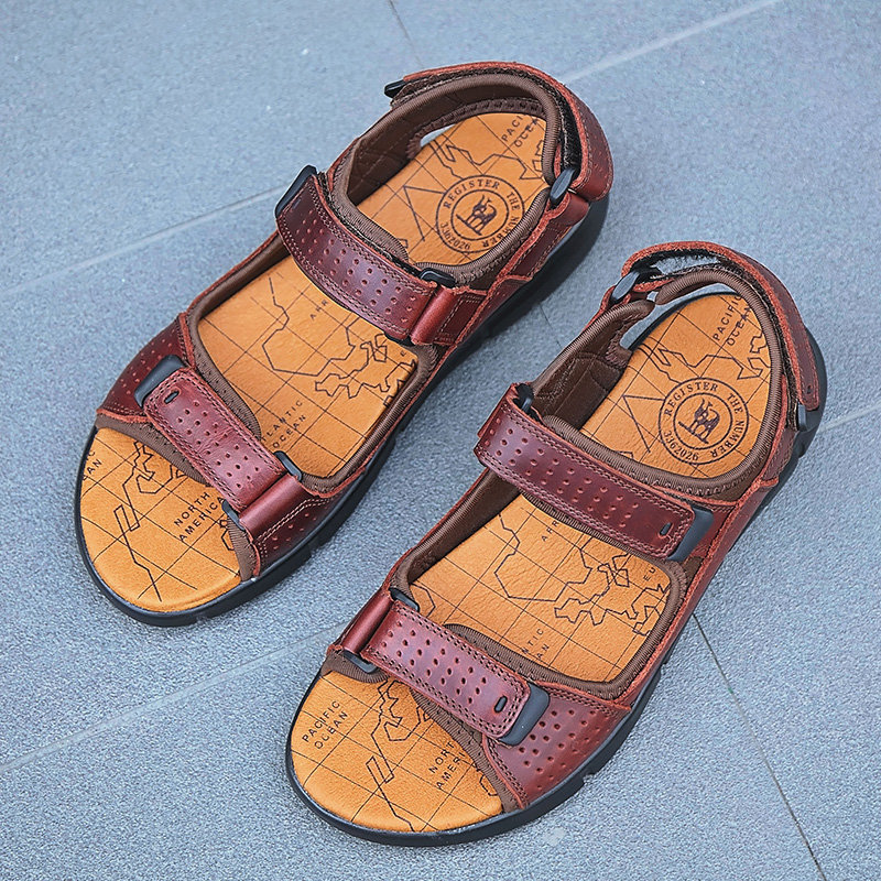 Large Size Men Genuine Leather Hook Loop Casual Beach Sandals, Sandals