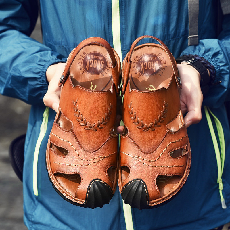 Men Stitching Rubber Cap Toe Outdoor Non Slip Soft  Leather Sandals, Sandals