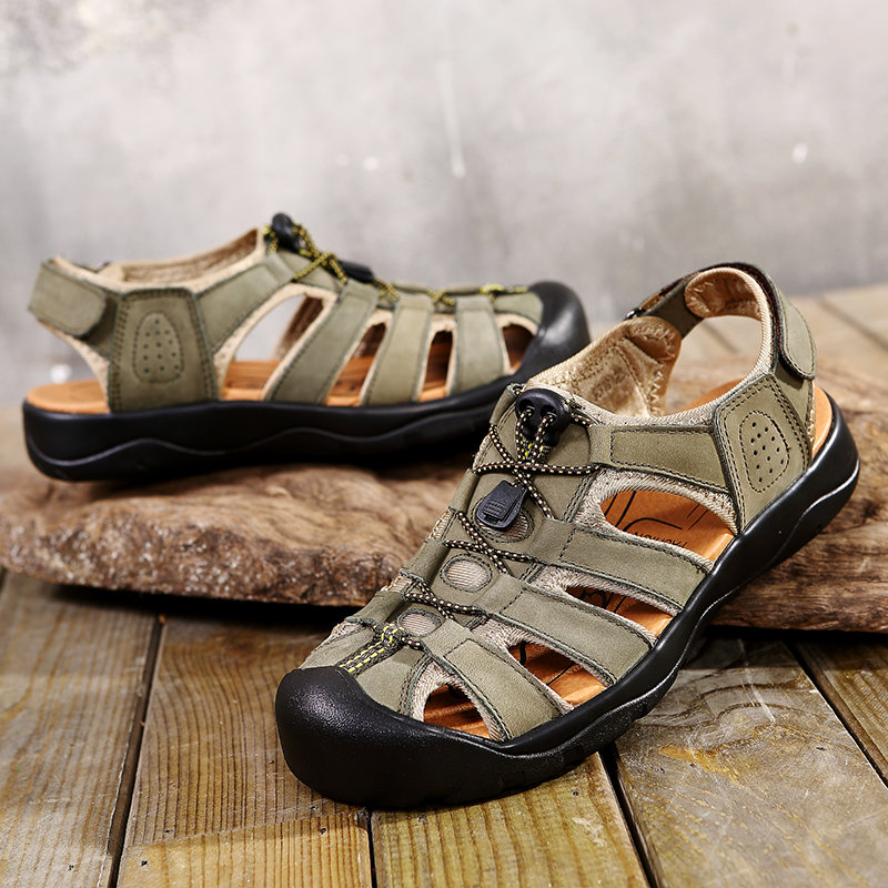 Men Closed Toe Hollow Hool Loop Outdoor Leather Sandals Calceus