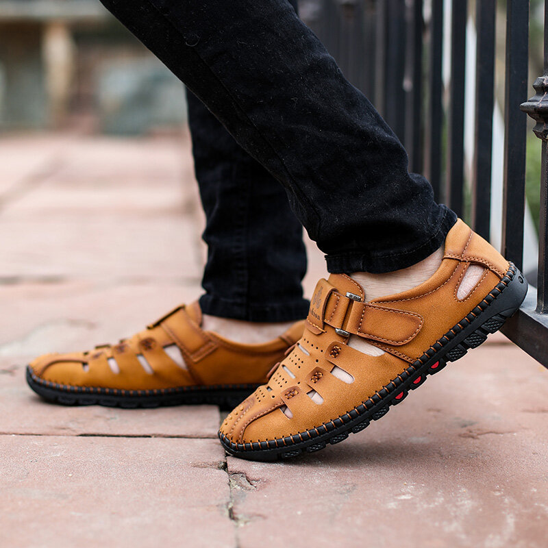 Men Microfiber Leather Hook Loop Non Slip Casual Soft Hole Sandals, Sandals