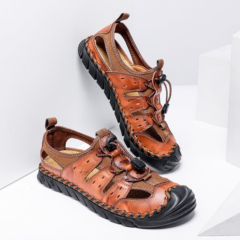 Men Hand Stitching Leather Lace up Non Slip Soft Sole Outdoor Sandals, Sandals