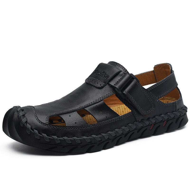 Men Hand Stitching Leather Non-slip Hook Loop Casual Outdoor Sandals, Sandals