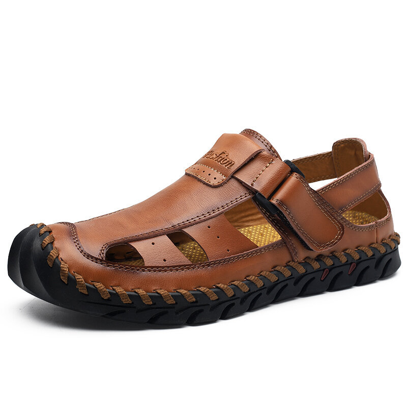 Men Hand Stitching Leather Non-slip Hook Loop Casual Outdoor Sandals, Sandals
