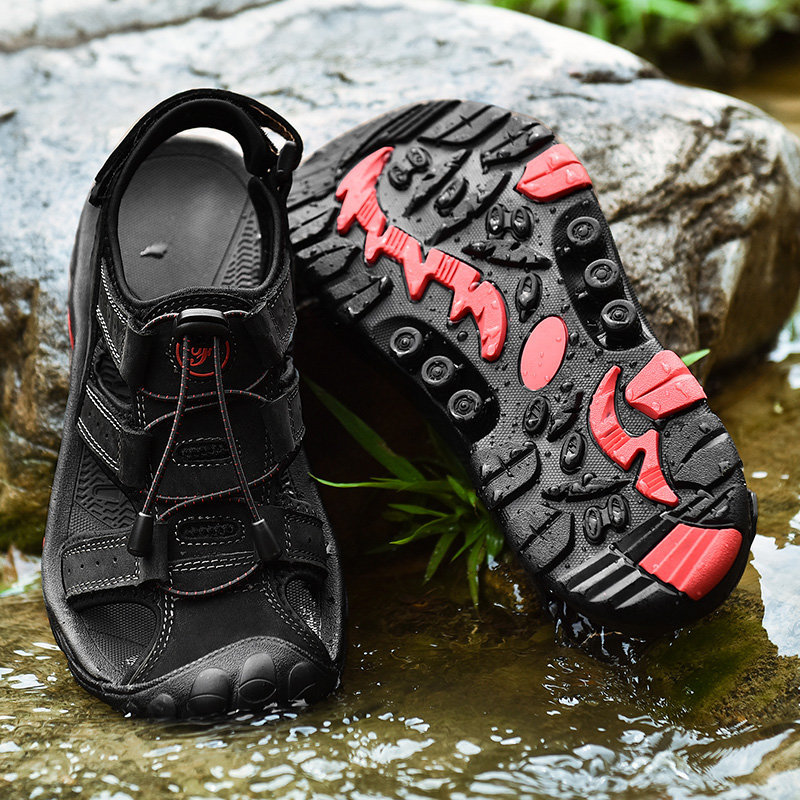 Men Genuine Leather Hook Loop Outdoor Non Slip Toe Protective Hiking Sandals, Sandals