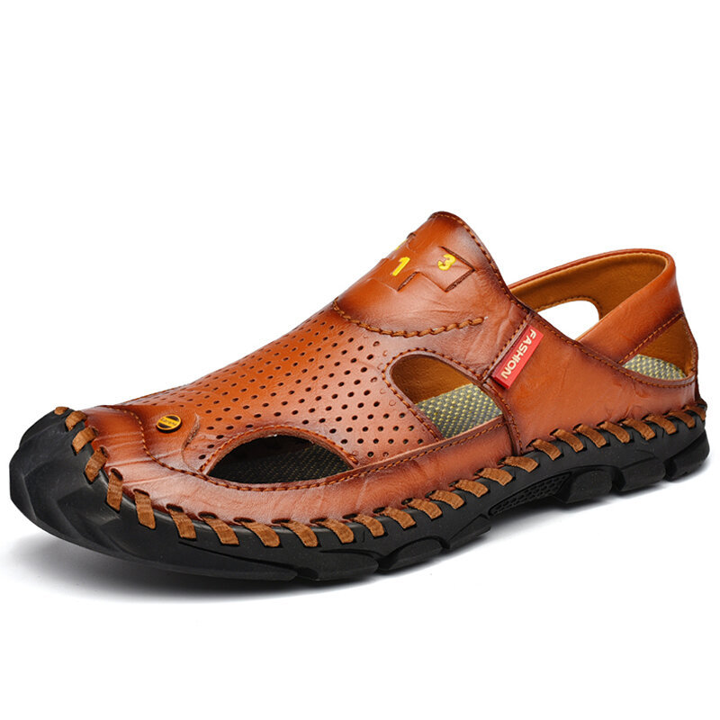 Men Hand Stitching Hole Breathable Non Slip Soft Sole Leather Sandals , Sandals