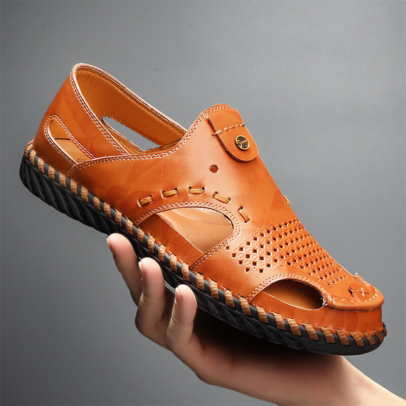 Men Closed Toe Hand Stitching Slip On Leather Sandals, Sandals