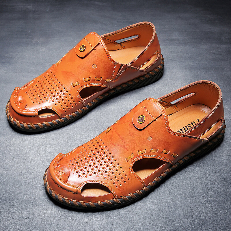 Men Closed Toe Hand Stitching Slip On Leather Sandals, Sandals