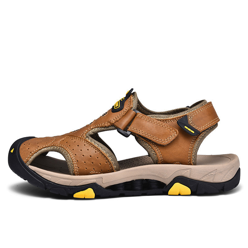 Men Genuine Leather Non Slip  Large Size Soft Sole Hook Loop Outdoor Sandals , Sandals