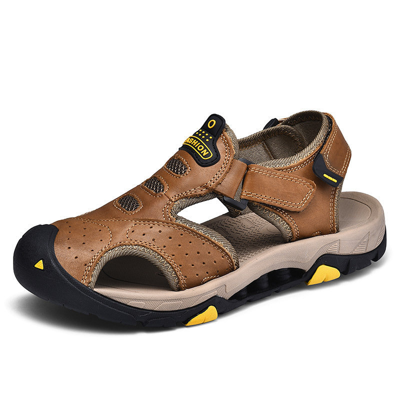 Men Genuine Leather Non Slip  Large Size Soft Sole Hook Loop Outdoor Sandals , Sandals