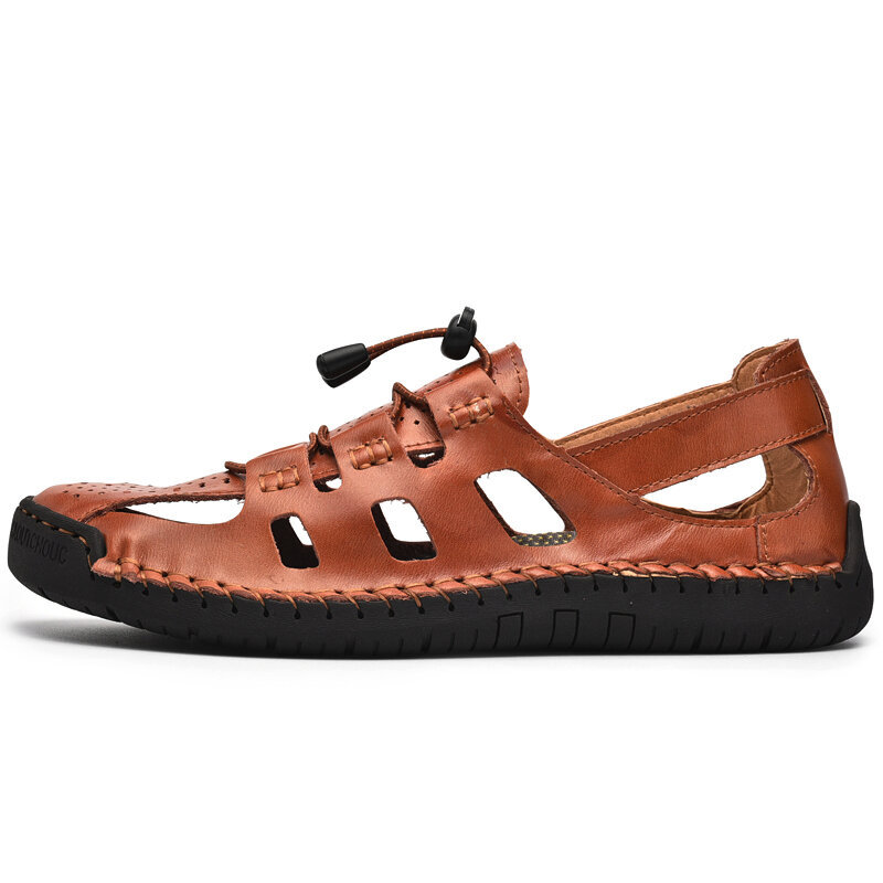 Men Closed Toe Hand Stitching Soft Outdoor Hole Leather Water Sandals