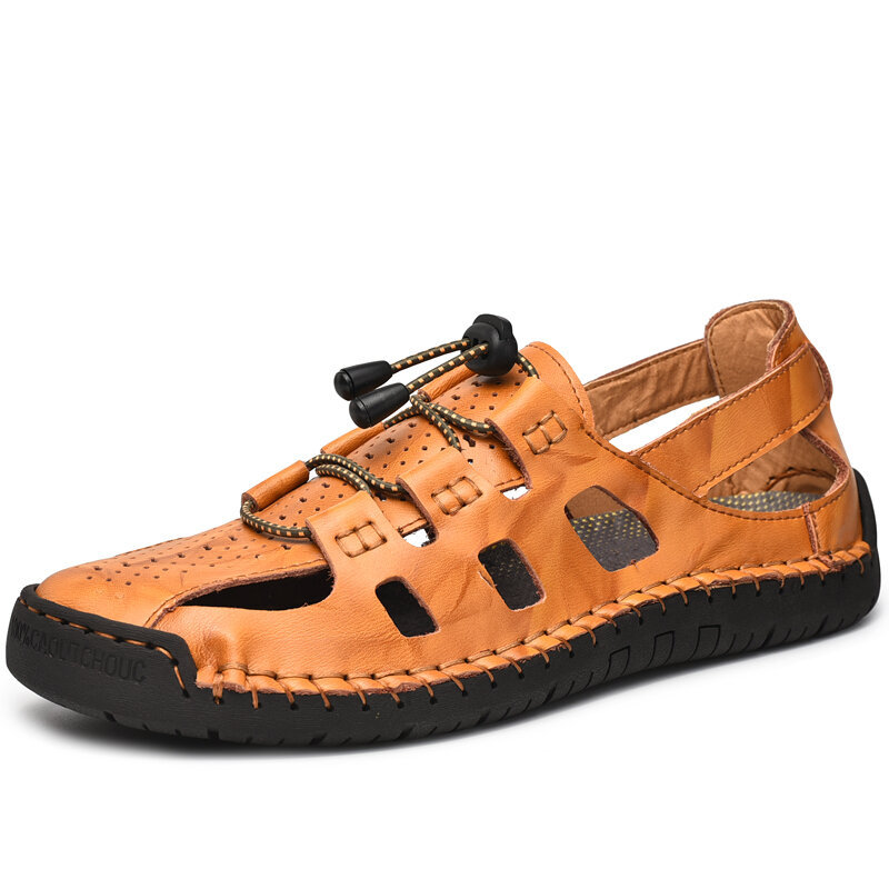 Men Closed Toe Hand Stitching Soft Outdoor Hole Leather Water Sandals