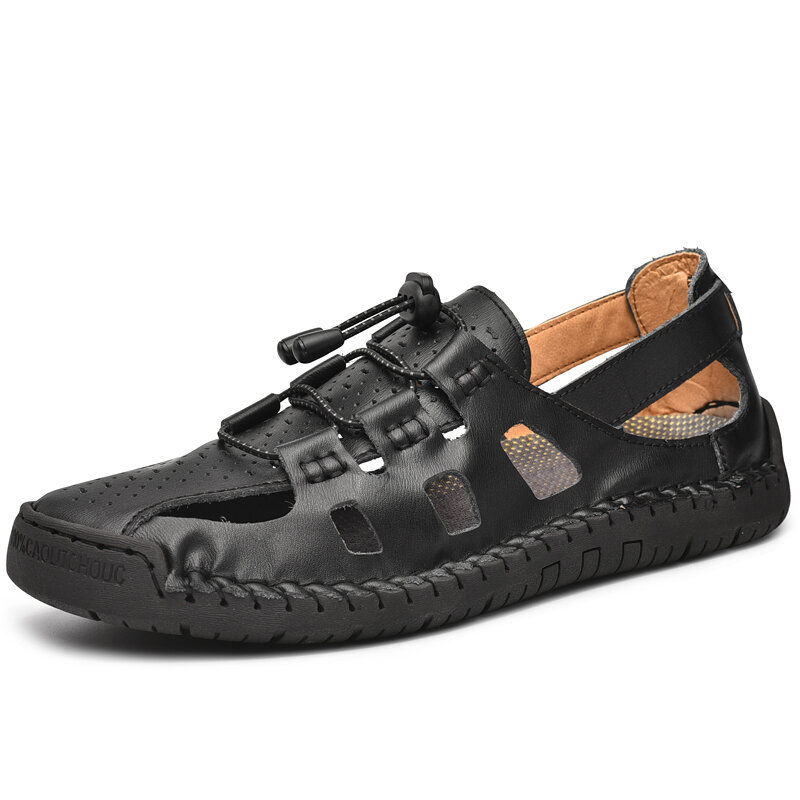 Men Closed Toe Hand Stitching Soft Outdoor Hole Leather Water Sandals, Sandals