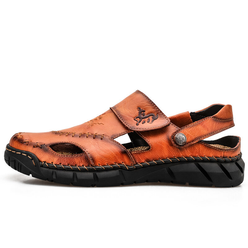 Men Cow Leather Hand Stitching Non Slip Soft Sole Casual Sandals, Sandals