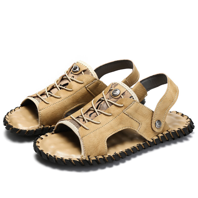 Men Hand Stitching Leather Non Slip Slippers Casual Beach Sandals , Sandals