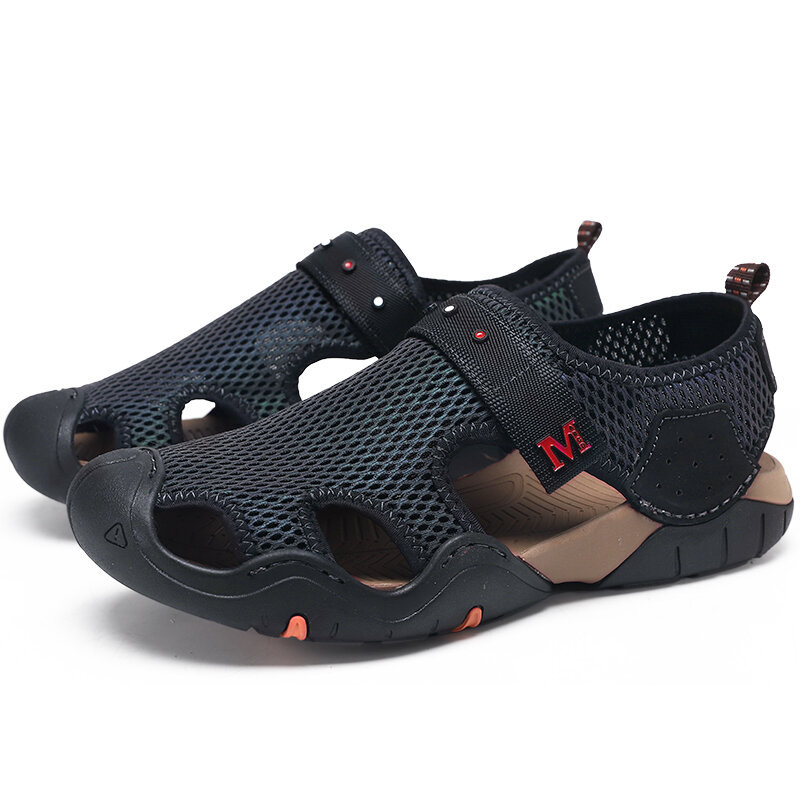 Men Mesh Fabric Non Slip Breathable Outdoor Hook Loop Casual Sandals, Sandals
